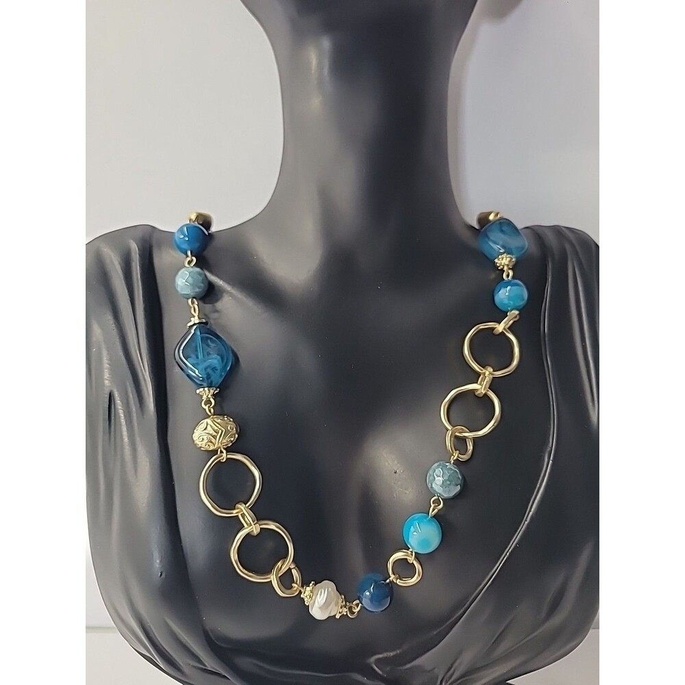 Gold Tone Blue Beaded Necklace Faux Pearl Accent Coastal Boho Beach Jewelry